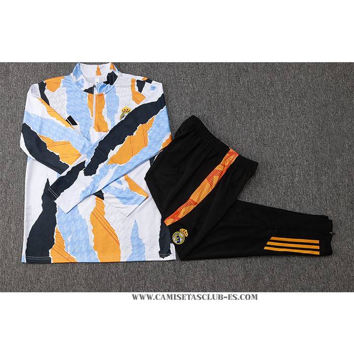 Chandal de Sudadera del Real Madrid Nino 24-25 Blanco y Amarillo